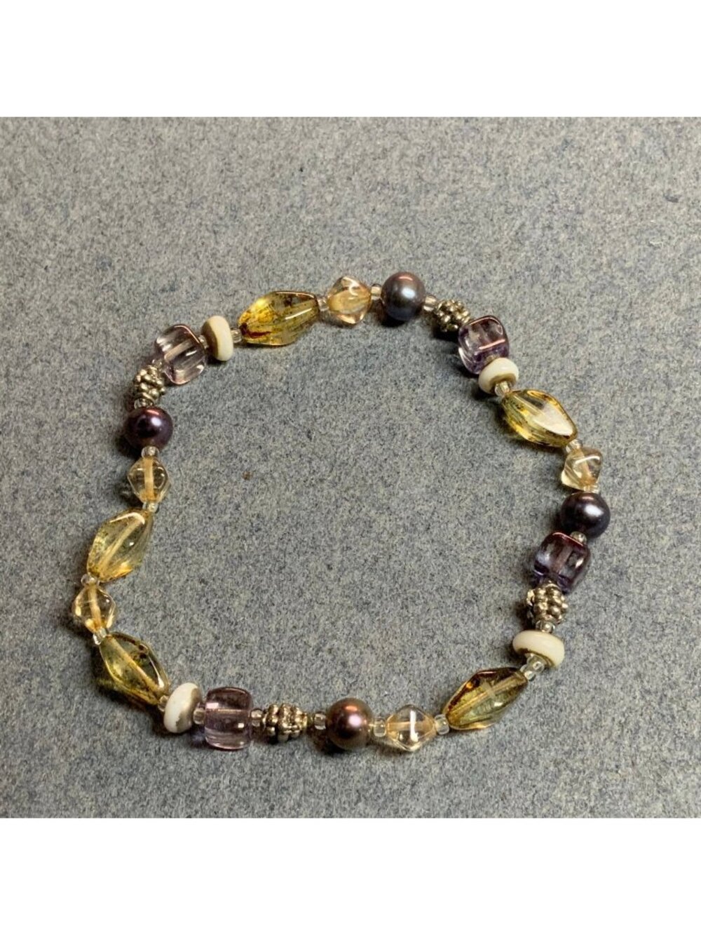 Beaded Bracelet 7 In Pearl Glass Purple Amber Gold Silver Hook Retro Vintage